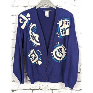 VINTAGE I.B. DIFFUSION Pop Art Silk-Applique Beaded Knit Cardigan 1993 Medium